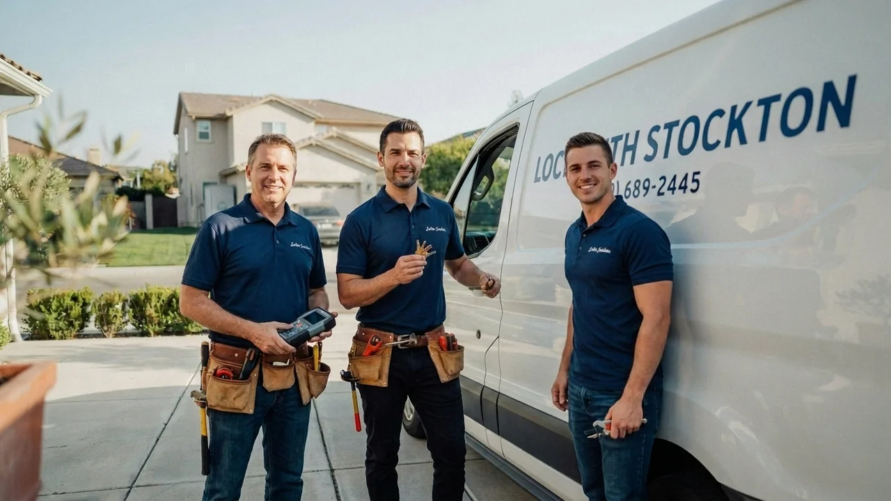 The friendly Locksmith Stockton team in front of their branded service van