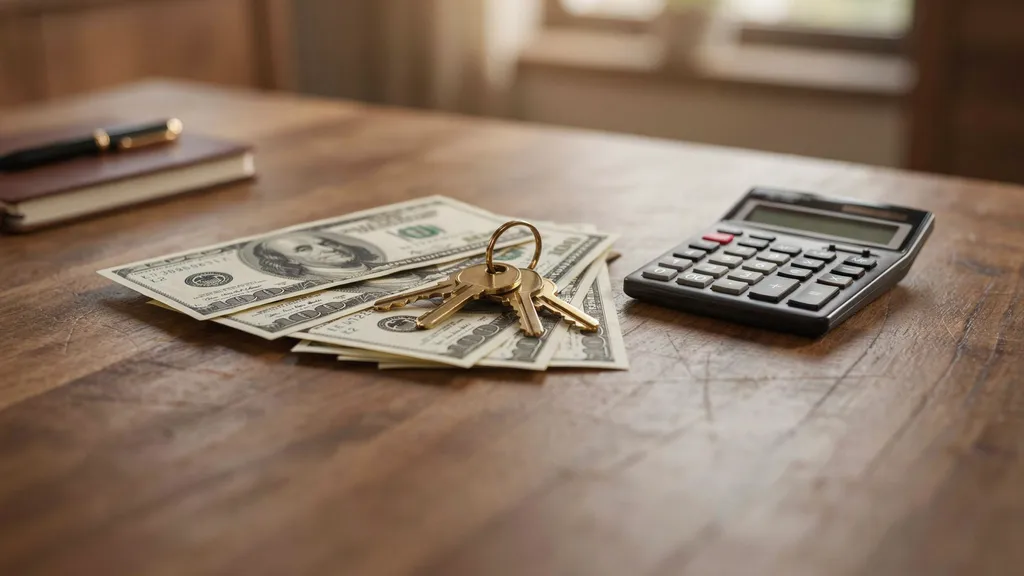 House keys on top of dollar bills next to a calculator