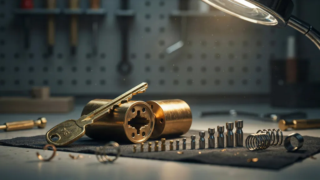 Disassembled lock cylinder with a key and rekeying pins
