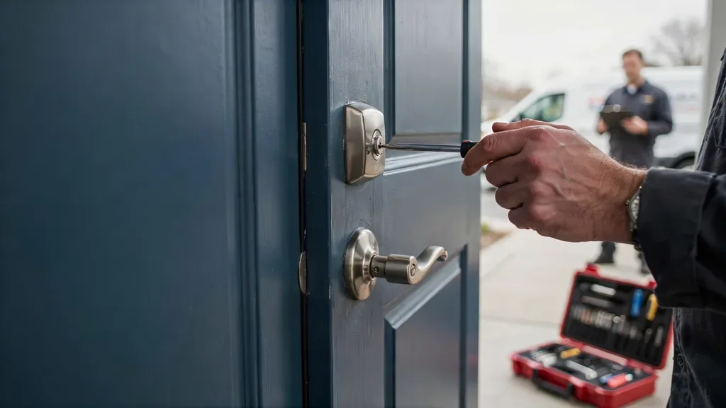Locksmith Stockton technician installing a deadbolt on a home's front door