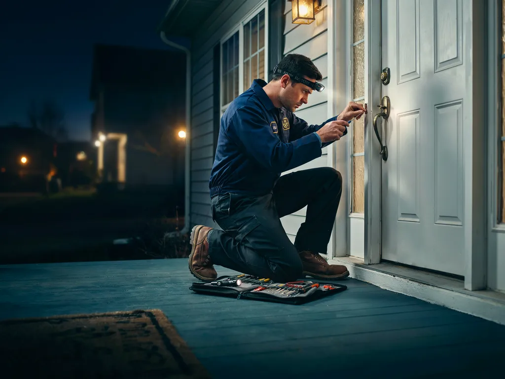 Emergency locksmith opening a locked door at night